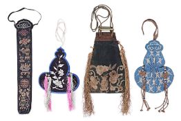 TWO EMBROIDERED GOURD POCKETS, ONE PURSE AND ONE FAN HOLDER