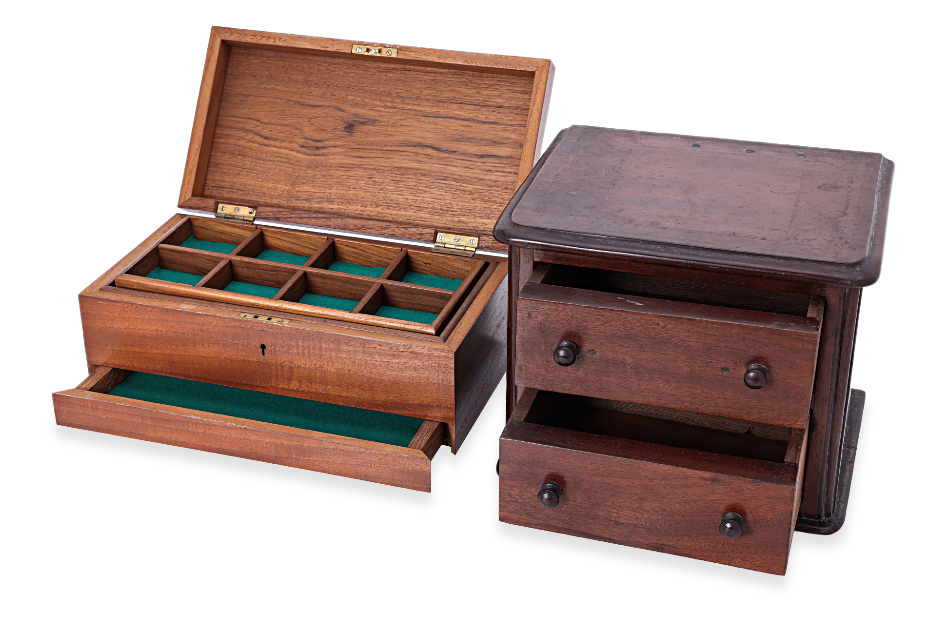 A MINIATURE TWO DRAWER CHEST AND WOODEN JEWELLERY BOX - Image 3 of 6