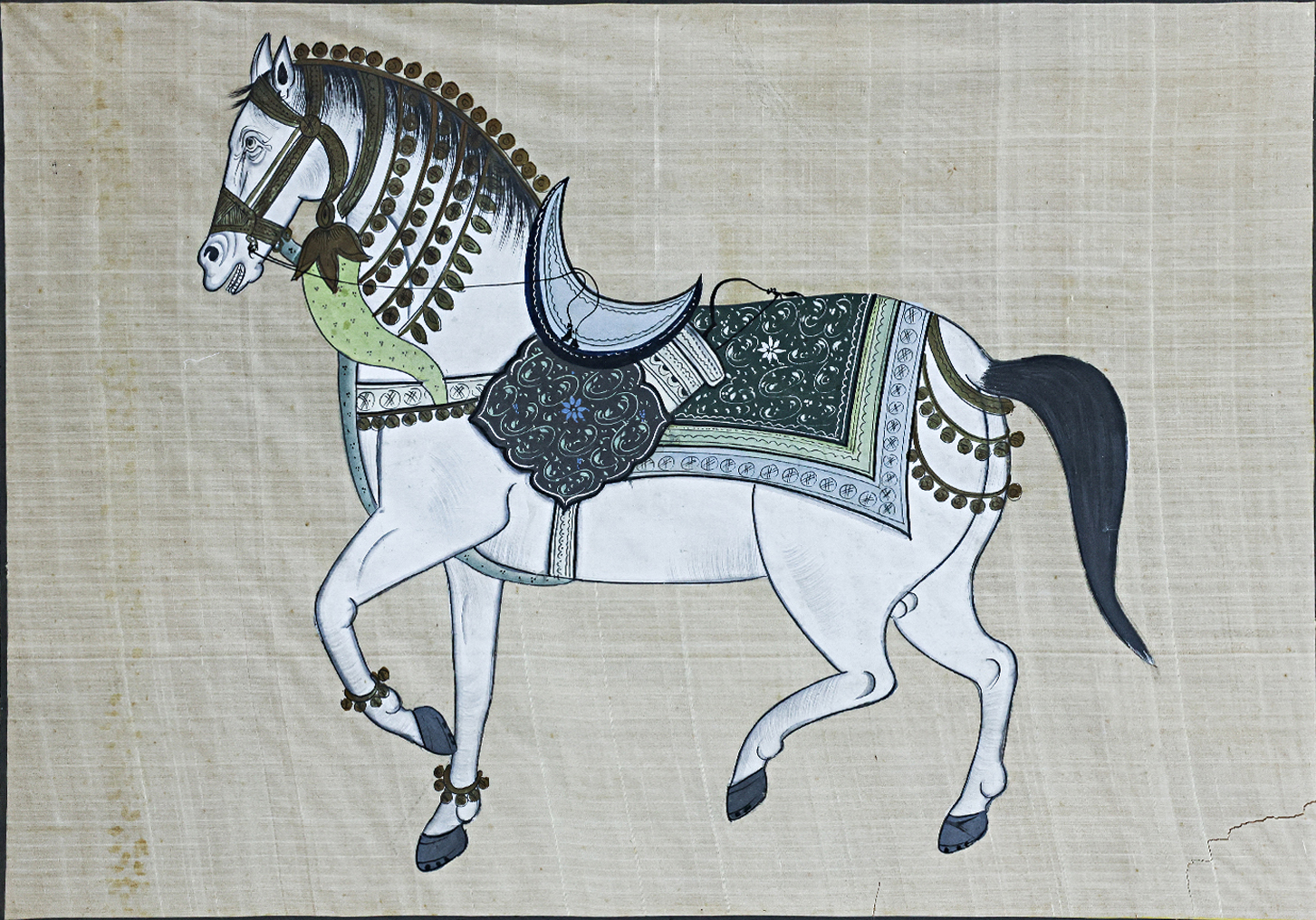 A PAIR OF INDIAN HORSE PAINTINGS ON SILK - Image 6 of 7
