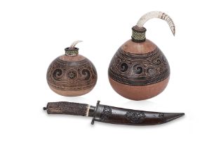 TWO TROBRIAND ISLANDS GOURD LIME CONTAINERS AND AN INDIAN KNIFE