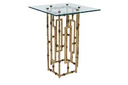 A GOLD FINISH METAL AND GLASS SIDE TABLE
