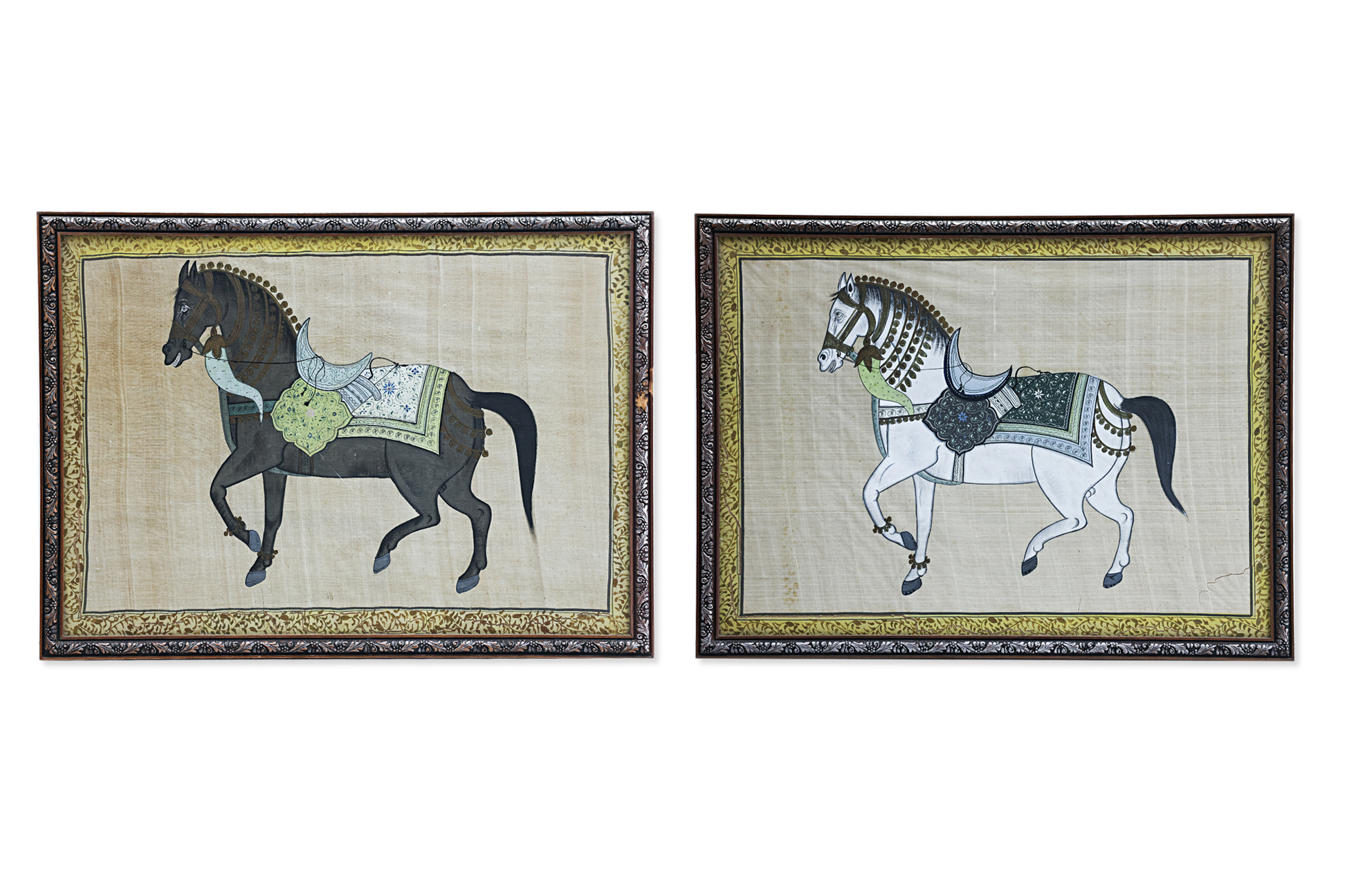 A PAIR OF INDIAN HORSE PAINTINGS ON SILK