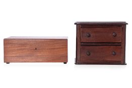 A MINIATURE TWO DRAWER CHEST AND WOODEN JEWELLERY BOX