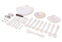 A GROUP OF MOTHER OF PEARL CAVIAR SPOONS AND OTHER SHELLS