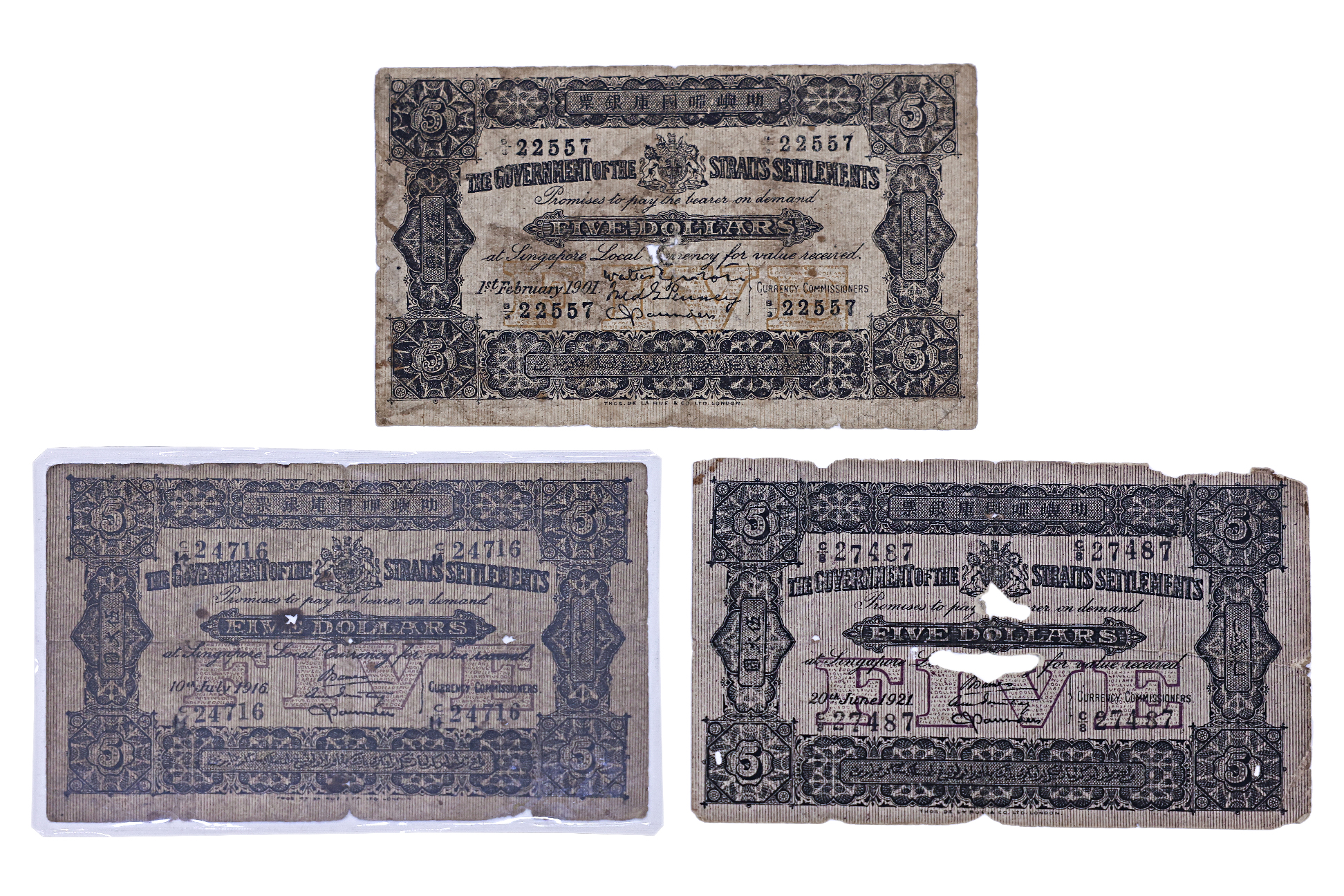 STRAITS SETTLEMENTS 5 DOLLARS 1901, 1916, 1921