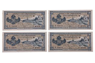 BANQUE DE L'INDOCHINE 20 PIASTRES 1942-45 - FOUR CONSECUTIVE