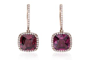 A PAIR OF GARNET AND DIAMOND DROP EARRINGS