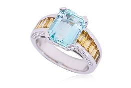 AN AQUAMARINE, YELLOW SAPPHIRE AND DIAMOND RING