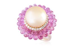 A CULTURED SOUTH SEA PEARL, PINK SAPPHIRE AND DIAMOND RING