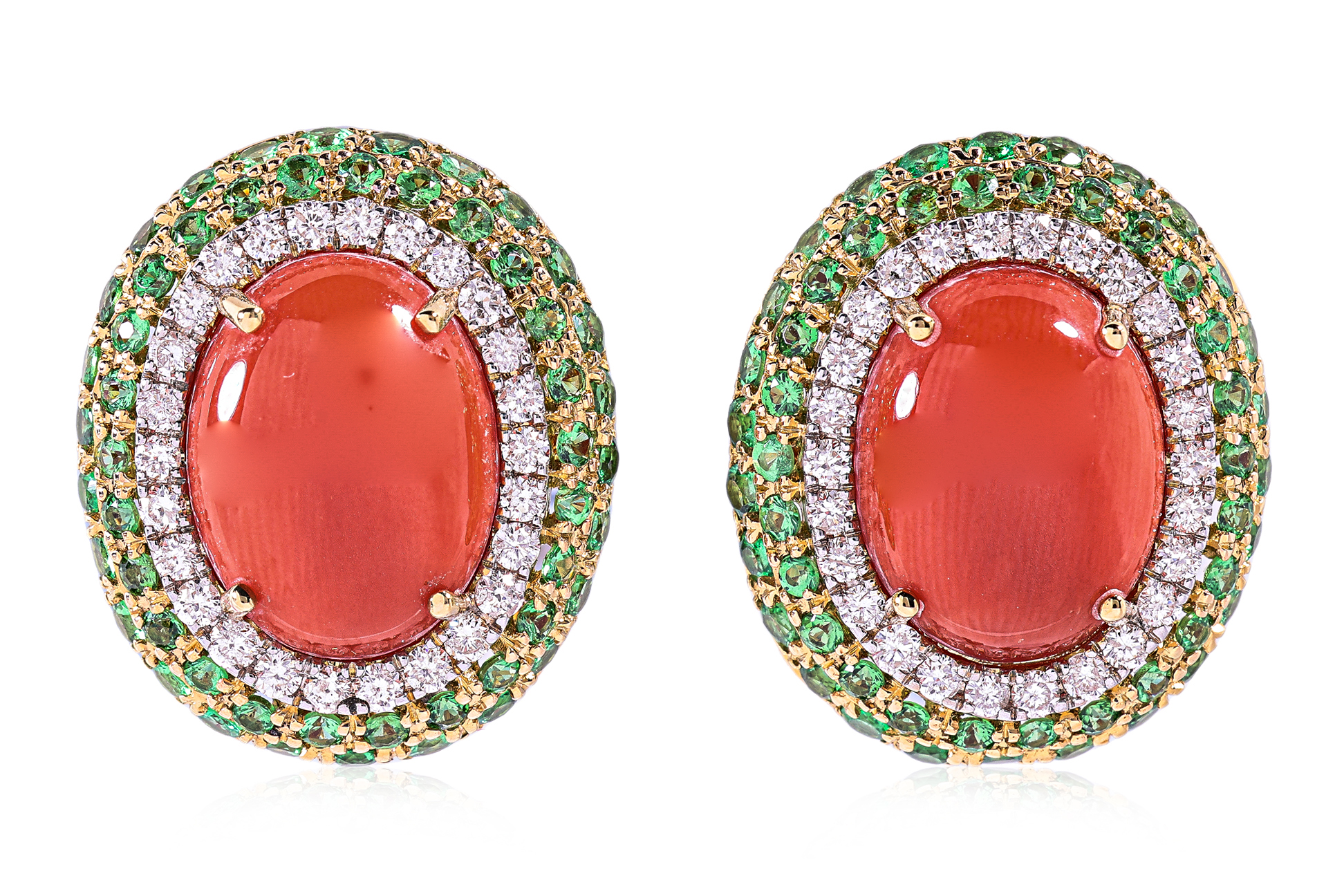 A PAIR OF CORAL, TSAVORITE AND DIAMOND EARRINGS