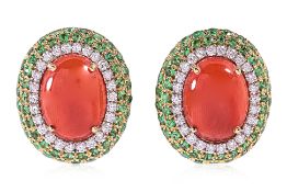 A PAIR OF CORAL, TSAVORITE AND DIAMOND EARRINGS