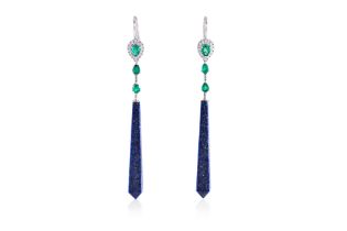 A PAIR OF EMERALD, LAPIS LAZULI AND DIAMOND DROP EARRINGS