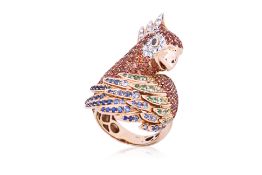 A LARGE MULTI GEMSTONE AND DIAMOND 'PARROT' RING