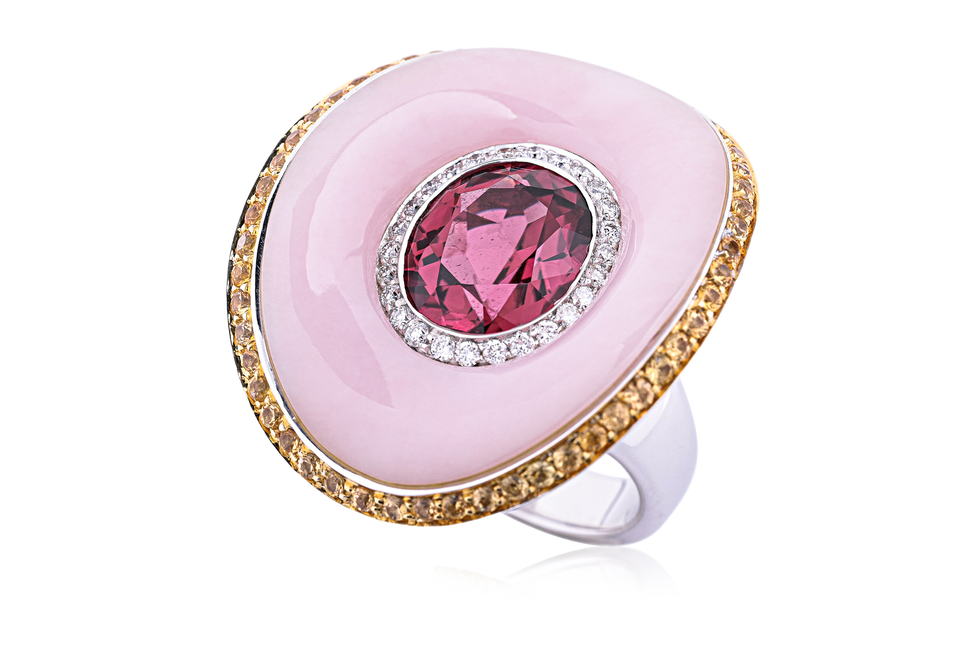 A TOURMALINE, PINK OPAL, YELLOW SAPPHIRE AND DIAMOND RING