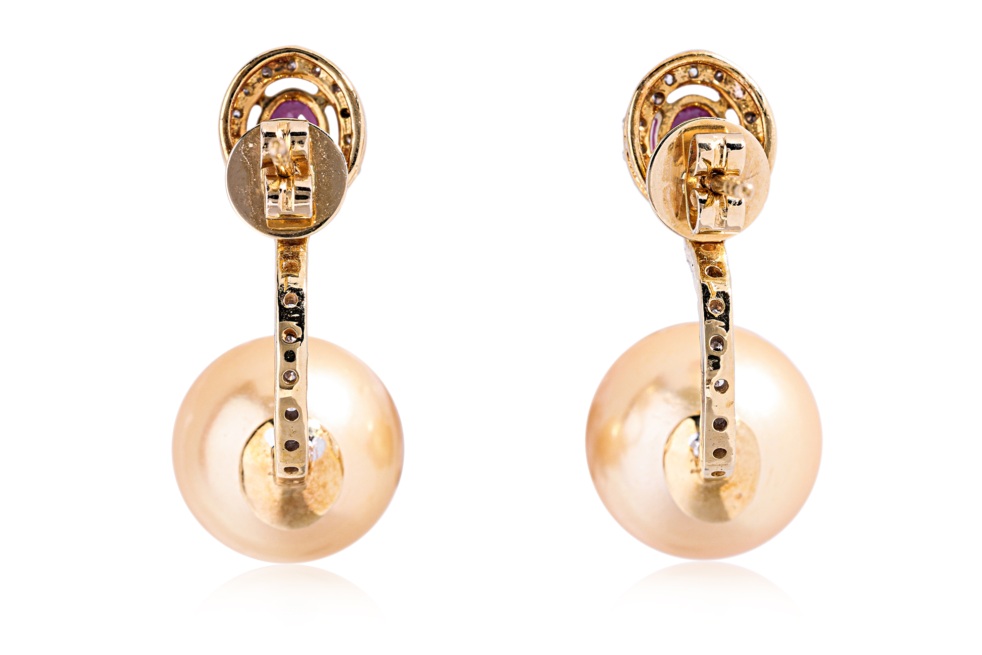 A PAIR OF CULTURED PEARL, RUBY AND DIAMOND DROP EARRINGS - Image 3 of 4