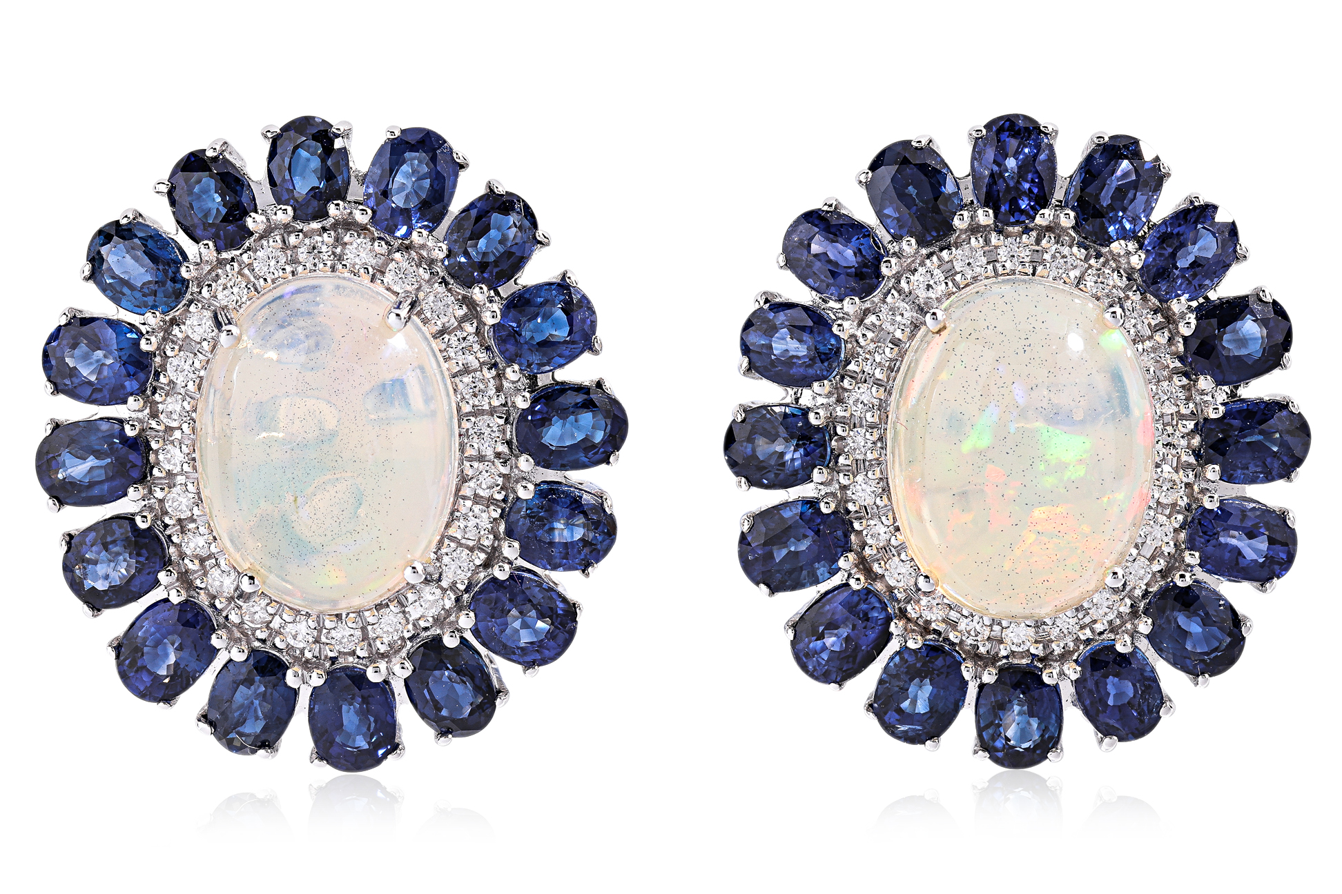 A PAIR OF OPAL, SAPPHIRE AND DIAMOND CLIP EARRINGS