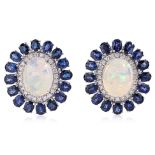 A PAIR OF OPAL, SAPPHIRE AND DIAMOND CLIP EARRINGS