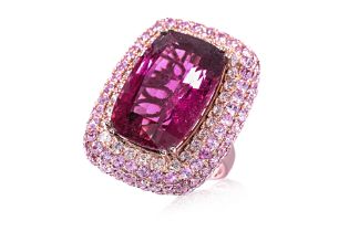 A LARGE RUBELLITE TOURMALINE, PINK SAPPHIRE AND DIAMOND RING