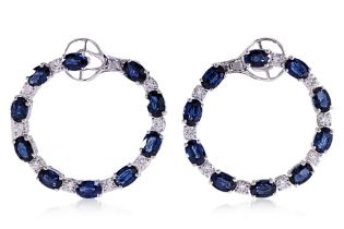 A PAIR OF SAPPHIRE AND DIAMOND HOOP EARRINGS