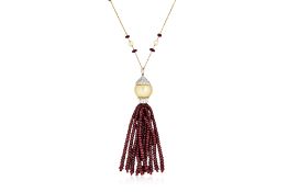 A CULTURED PEARL, DIAMOND AND RUBY 'TASSEL' PENDANT NECKLACE