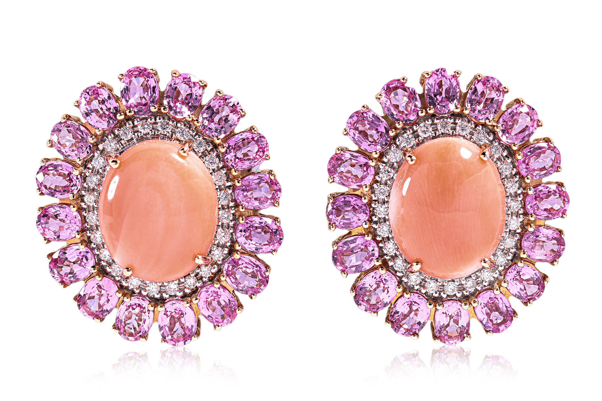 A PAIR OF CORAL, PINK SAPPHIRE AND DIAMOND CLIP EARRINGS