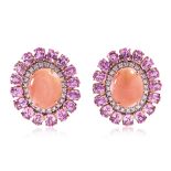 A PAIR OF CORAL, PINK SAPPHIRE AND DIAMOND CLIP EARRINGS