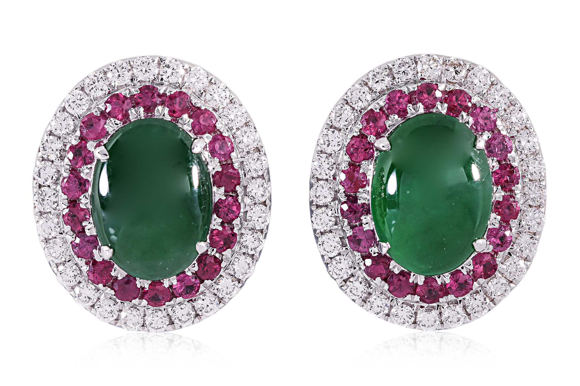 A PAIR OF JADEITE, RUBY AND DIAMOND STUD EARRINGS