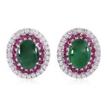 A PAIR OF JADEITE, RUBY AND DIAMOND STUD EARRINGS