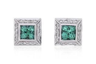 A PAIR OF TOURMALINE AND DIAMOND STUD EARRINGS