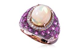 AN OPAL, RUBY AND DIAMOND RING