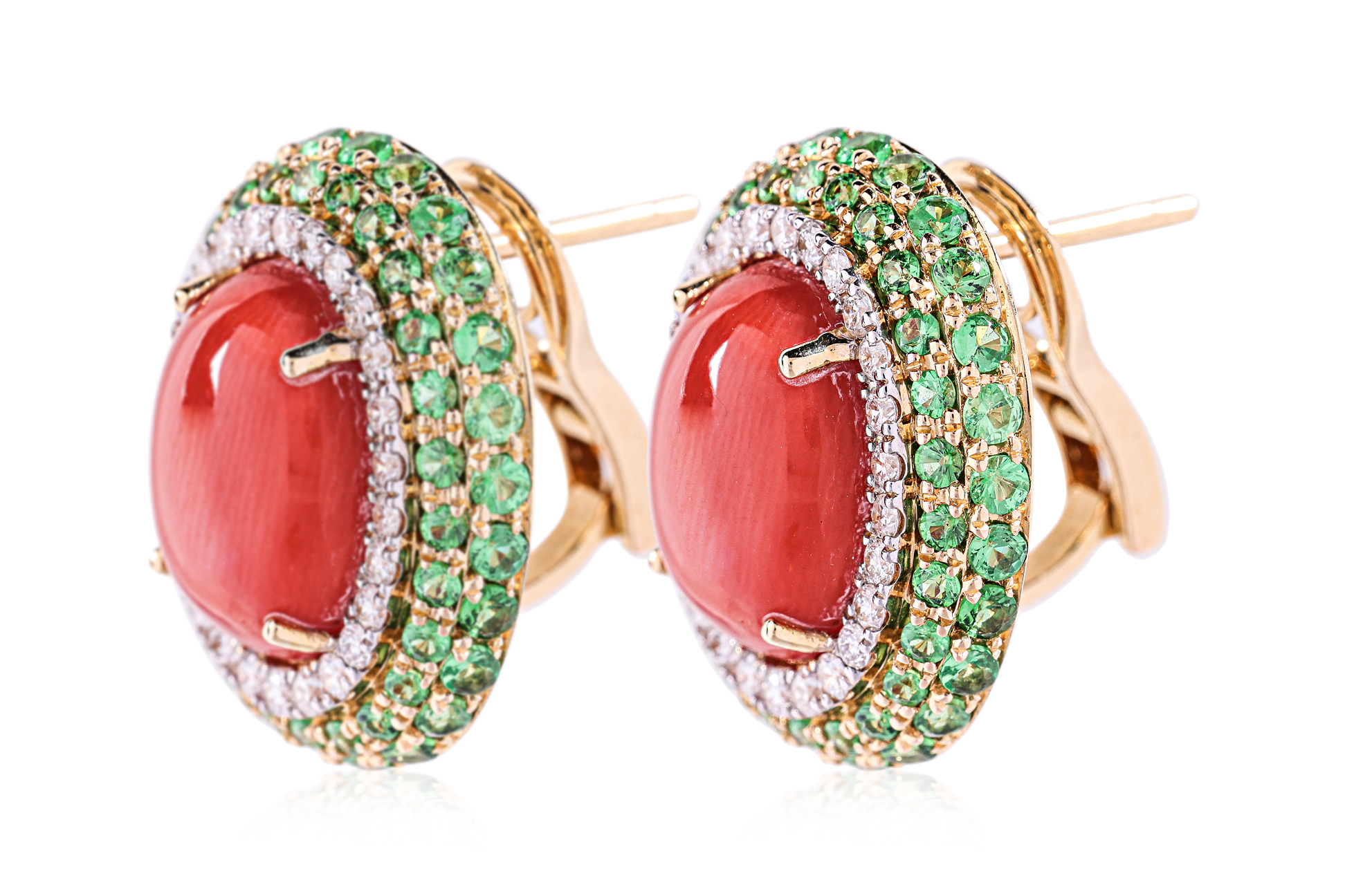 A PAIR OF CORAL, TSAVORITE AND DIAMOND EARRINGS - Image 3 of 4