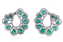 A PAIR OF EMERALD AND DIAMOND EARRINGS