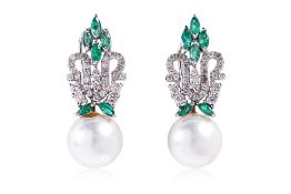 A PAIR OF CULTURED PEARL, EMERALD AND DIAMOND CLIP EARRINGS