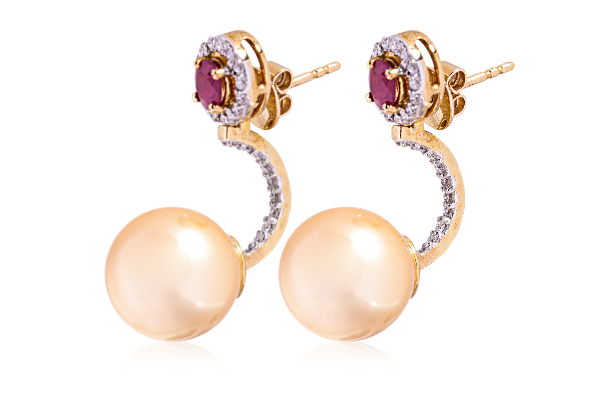 A PAIR OF CULTURED PEARL, RUBY AND DIAMOND DROP EARRINGS - Image 2 of 4