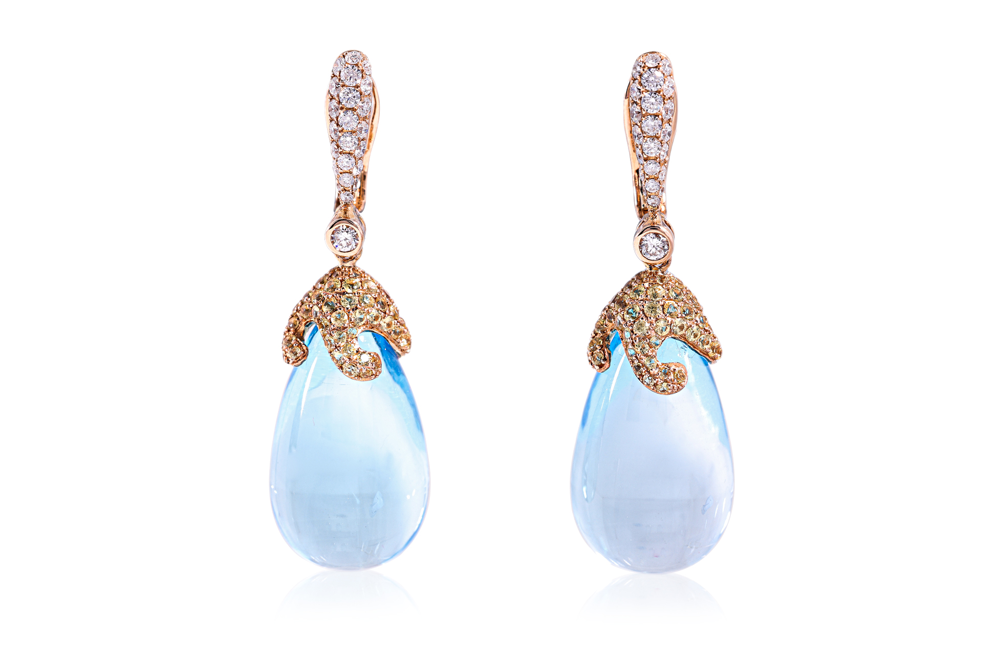 A PAIR OF BLUE TOPAZ, SAPPHIRE AND DIAMOND DROP EARRINGS