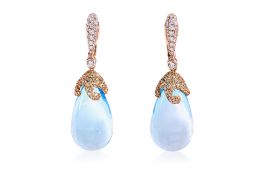 A PAIR OF BLUE TOPAZ, SAPPHIRE AND DIAMOND DROP EARRINGS