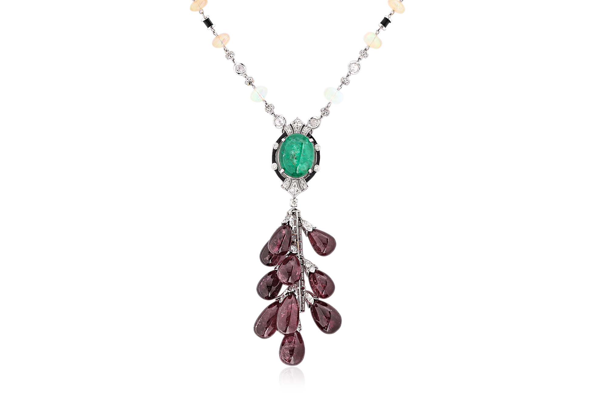 AN EMERALD, TOURMALINE, OPAL, ONYX AND DIAMOND NECKLACE