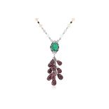 AN EMERALD, TOURMALINE, OPAL, ONYX AND DIAMOND NECKLACE