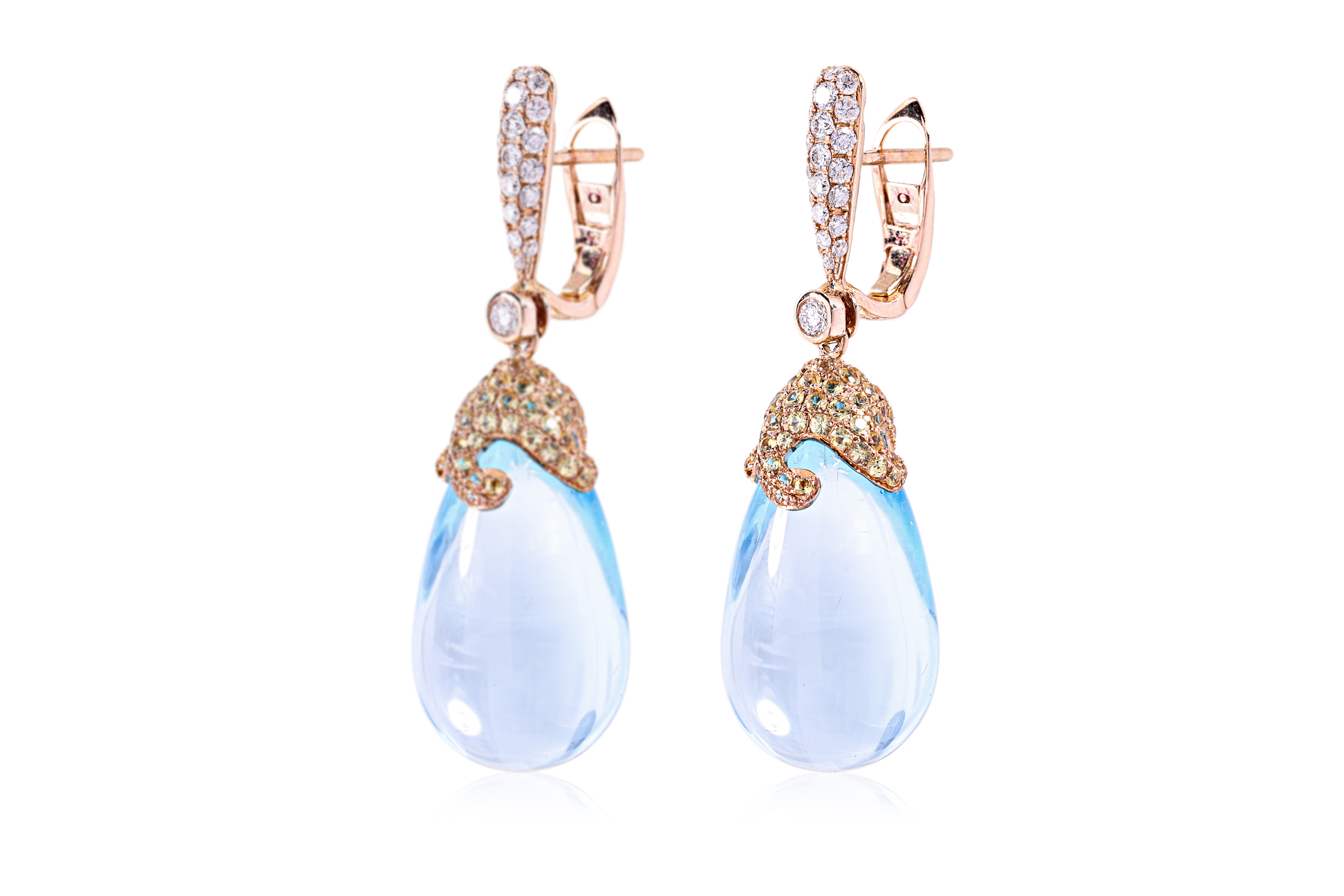 A PAIR OF BLUE TOPAZ, SAPPHIRE AND DIAMOND DROP EARRINGS - Image 3 of 4