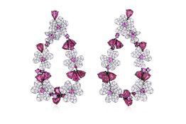 A PAIR OF RUBY, PINK SAPPHIRE AND DIAMOND DROP EARRINGS