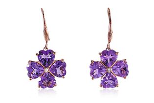 A PAIR OF AMETHYST AND DIAMOND 'CLOVER' DROP EARRINGS