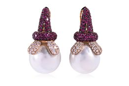 A PAIR OF CULTURED BAROQUE PEARL, RUBY AND DIAMOND EARRINGS