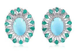 A PAIR OF TURQUOISE, EMERALD AND DIAMOND EARRINGS