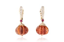 A PAIR OF CARVED CITRINE, RUBY AND DIAMOND DROP EARRINGS