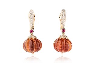 A PAIR OF CARVED CITRINE, RUBY AND DIAMOND DROP EARRINGS