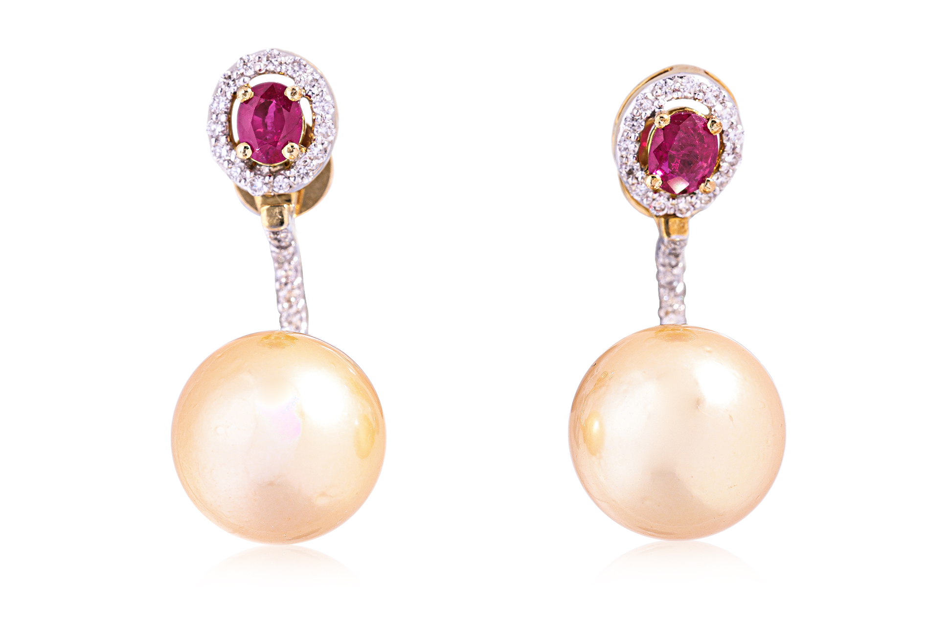 A PAIR OF CULTURED PEARL, RUBY AND DIAMOND DROP EARRINGS