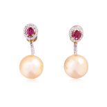 A PAIR OF CULTURED PEARL, RUBY AND DIAMOND DROP EARRINGS