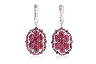 A PAIR OF RUBY AND DIAMOND DROP EARRINGS