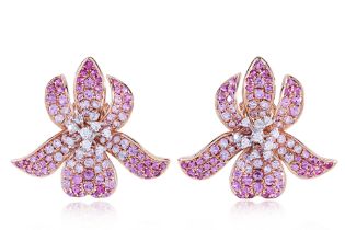 A PAIR OF PINK SAPPHIRE AND DIAMOND 'ORCHID' CLIP EARRINGS