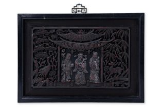 A CARVED WOOD FU LU SHOU PANEL